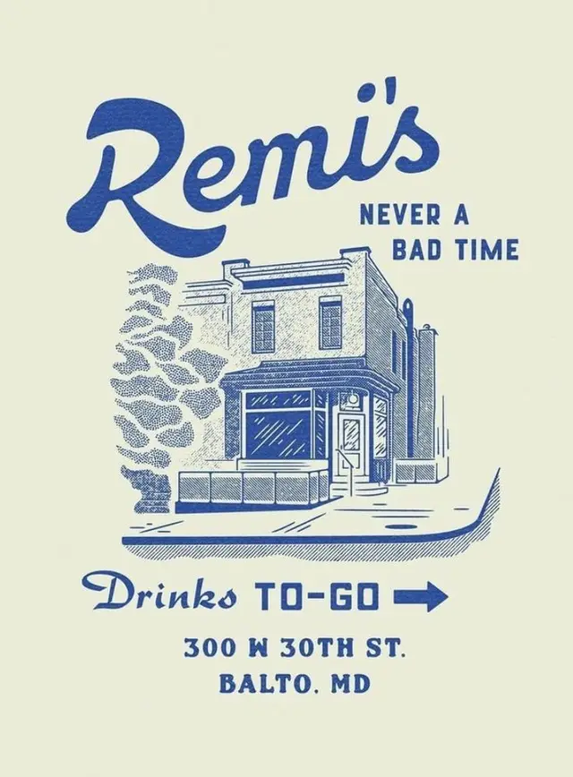 Remi's vintage storefront poster — Drinks TO-GO (300 W 30th St., Balto. MD)