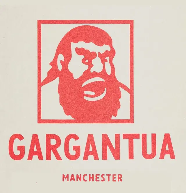 GARGANTUA — red letterpress logo with bearded head and 'MANCHESTER' wordmark