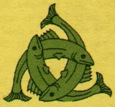 Three Interlocked Green Fish Emblem on Mustard Background