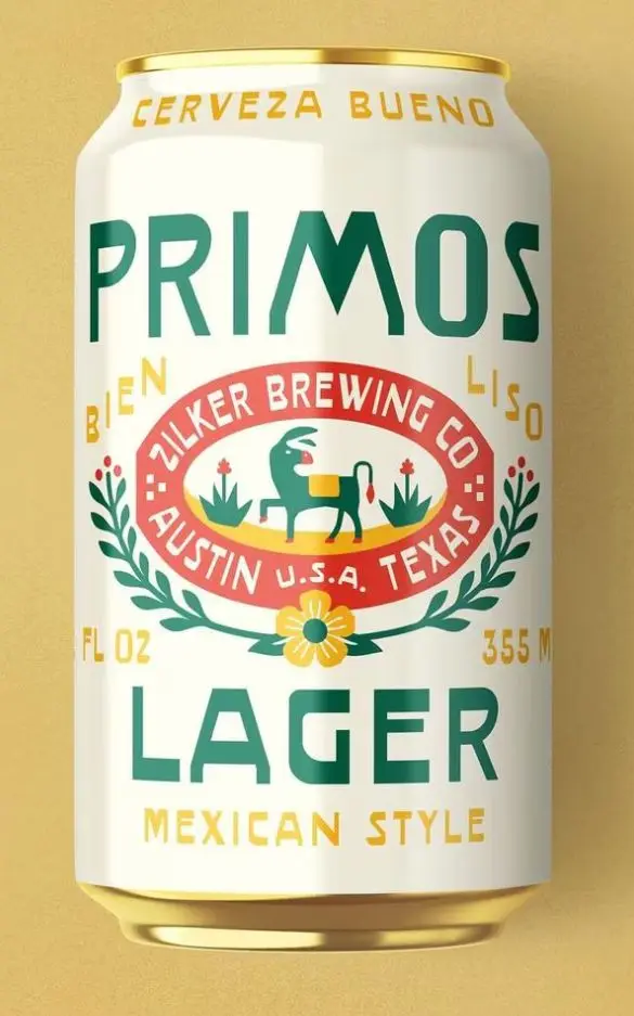 PRIMOS Lager can — Zilker Brewing Co. Mexican‑style beer packaging