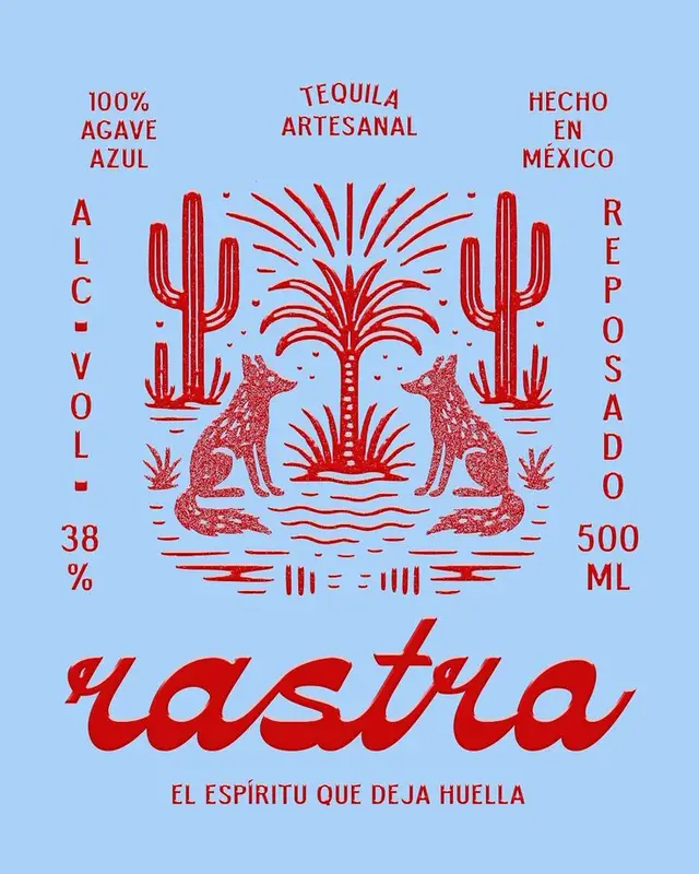 Rastra reposado tequila label — red folk‑art illustration on pale blue