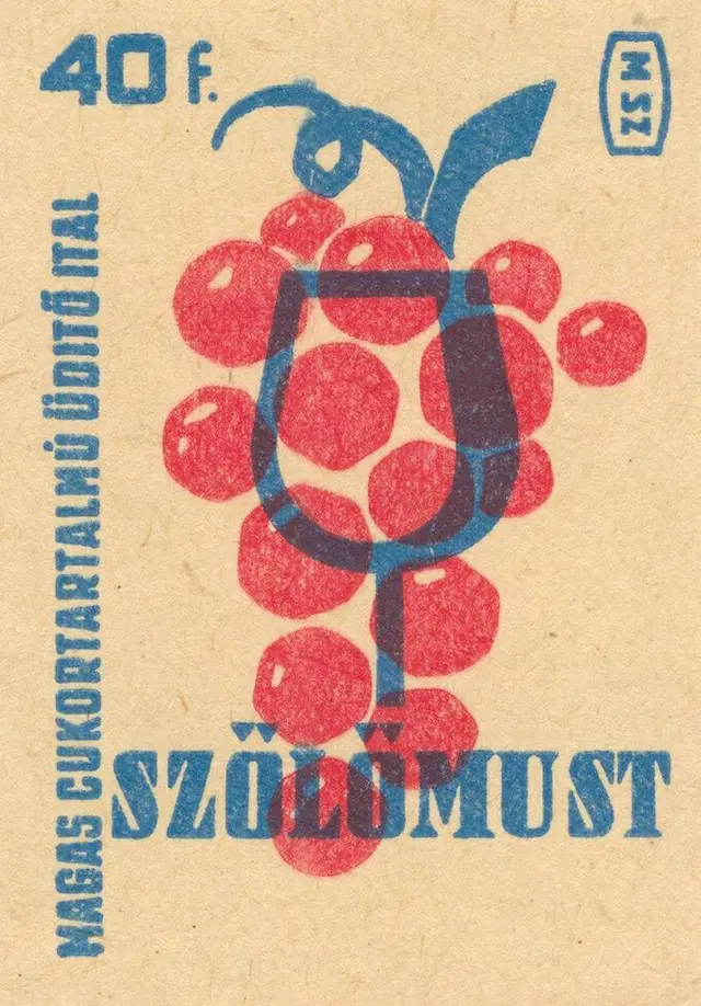 SZŐLŐMUST vintage Hungarian label — red grapes with blue goblet