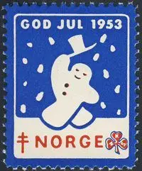 1953 Norwegian Christmas postage stamp — stylized snowman, 'God Jul 1953'