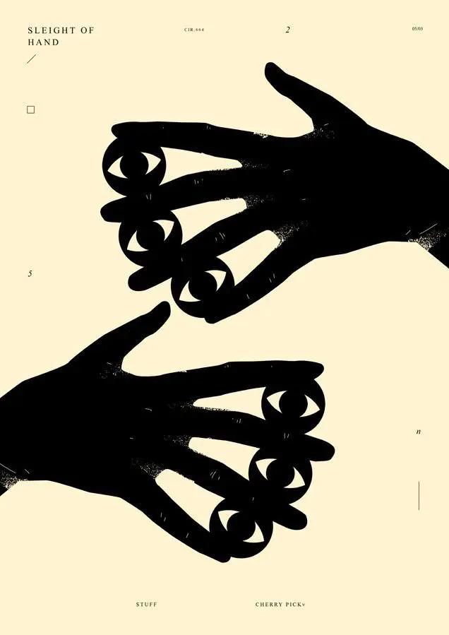 SLEIGHT OF HAND — silhouetted hands poster with eye-shaped cutouts
