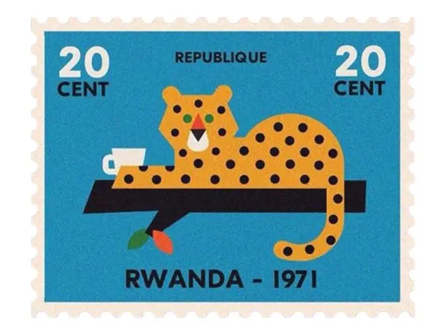 1971 Rwanda postage stamp — stylized spotted cat on branch