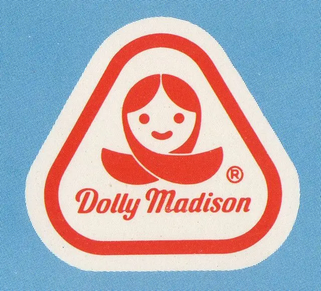 Dolly Madison retro triangular logo badge on blue halftone background