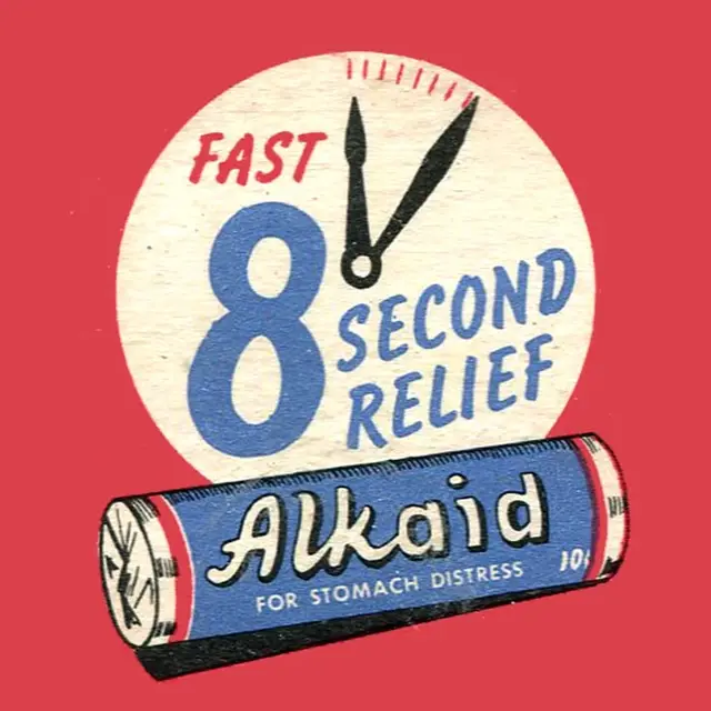Vintage Alkaid advertisement — "Fast 8 Second Relief" stomach remedy