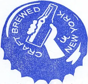 Blue bottle-cap stamp reading 'CRAFT BREWED • NEW YORK' with hand holding beer bottle