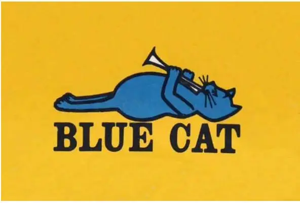 Blue Cat logo — reclining cat playing trumpet on yellow background