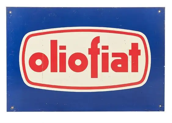 Vintage blue enamel 'oliofiat' advertising sign
