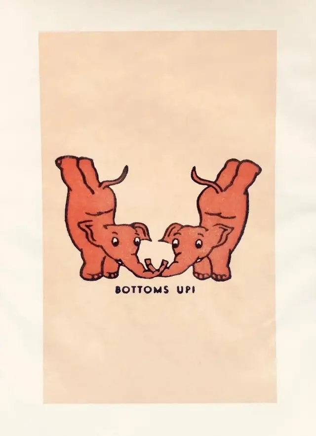 Vintage illustration: two upside-down elephants with 'BOTTOMS UP!' caption