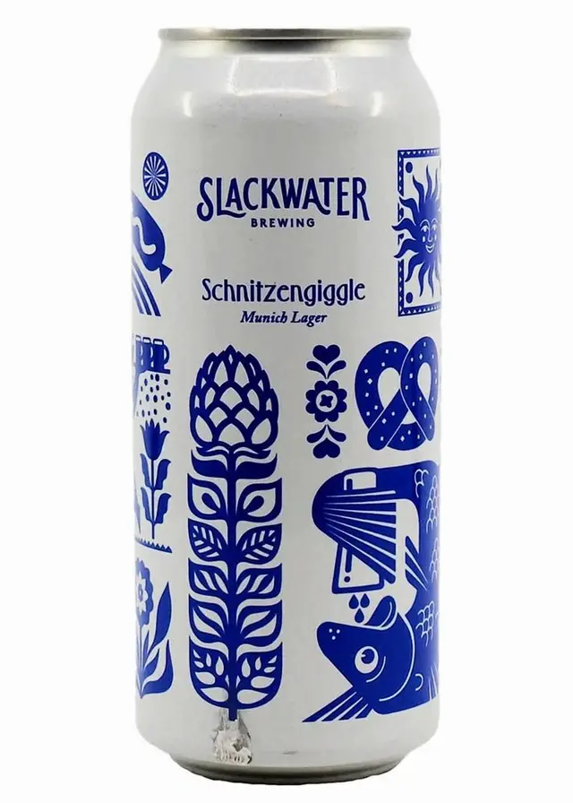 Slackwater Brewing — Schnitzengiggle Munich Lager (white can, blue folk-art illustrations)