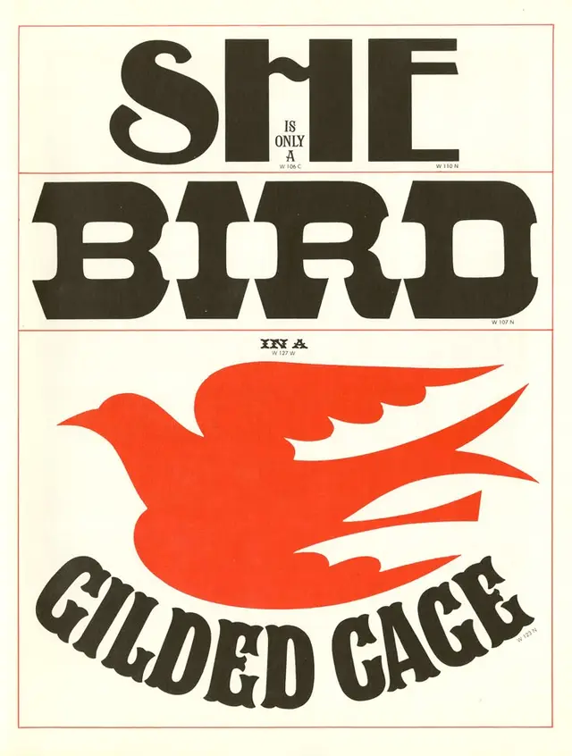 Vintage poster: "She Is Only a Bird in a Gilded Cage" with red bird silhouette