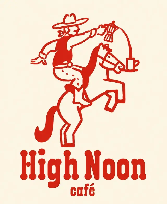 High Noon café — red cowboy-on-horse logo poster