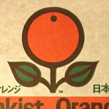 Vintage Japanese orange packaging label with stylized fruit logo