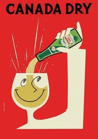Vintage Canada Dry poster — green bottle pouring into smiling glass on red background