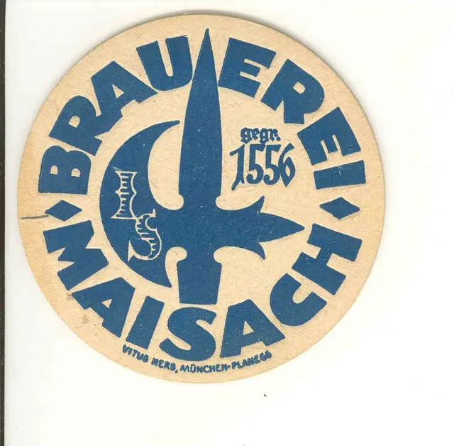 Vintage Brauerei Maisach round beer coaster — blue halberd logo, est. 1556