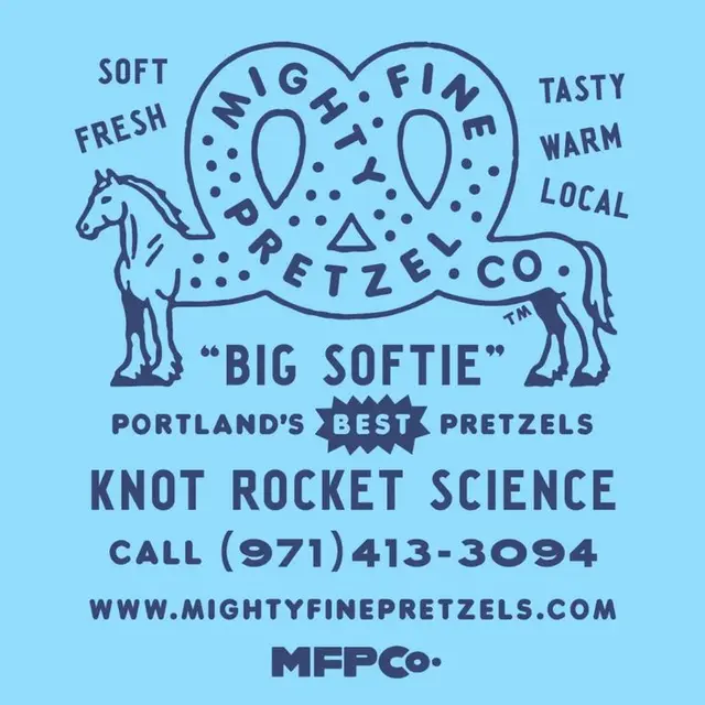 Mighty Fine Pretzel Co. vintage-style blue poster — "Big Softie"