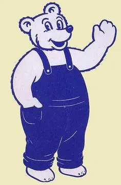 Vintage blue cartoon bear mascot in overalls