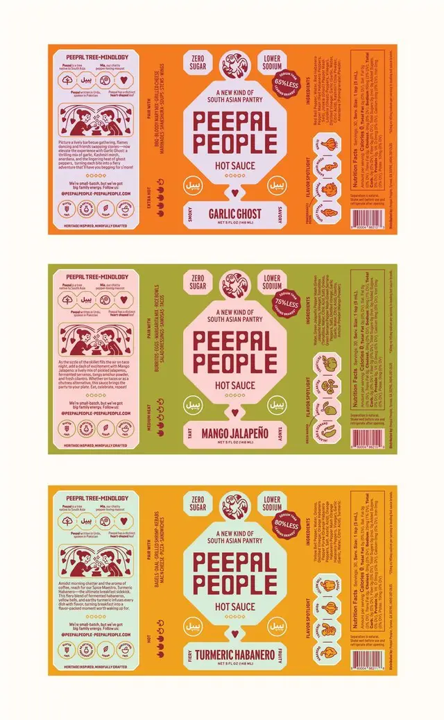 Peepal People hot sauce label set — Garlic Ghost, Mango Jalapeño, Turmeric Habanero