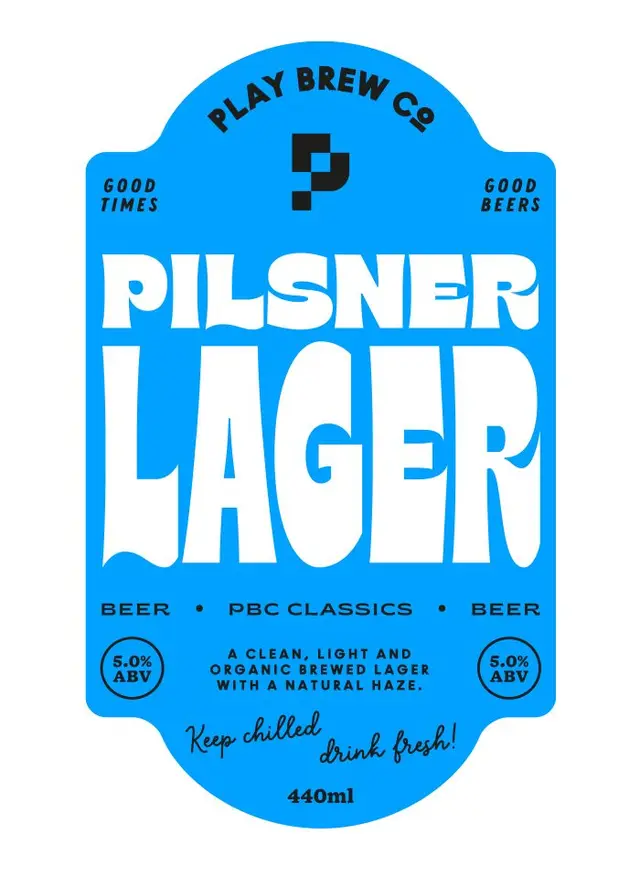 Play Brew Co. — Pilsner Lager blue beer label (440ml, 5.0% ABV)