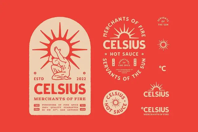 Celsius Hot Sauce — sunburst logo and vintage badge label concepts