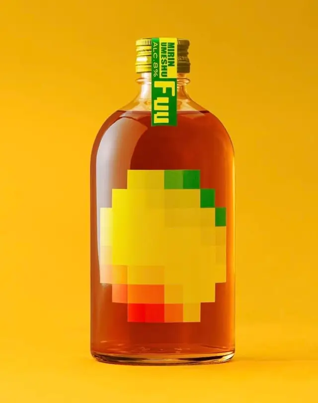 Glass bottle with pixelated mango label and green Fuu neck tag