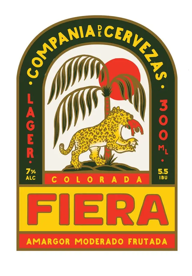 FIERA lager beer label — yellow jaguar, palm tree and red sun (300 mL)