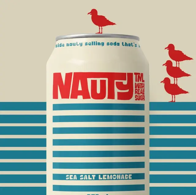 NAUTY sea salt lemonade can — teal stripes with red seagull graphics