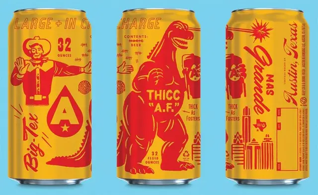 32 oz yellow beer can with red screen-printed T‑Rex, cowboy and Austin skyline