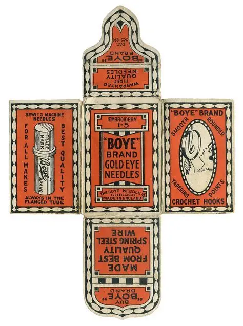 Vintage "Boye" Brand Gold Eye Needles die-cut box (Embroidery 1-5)