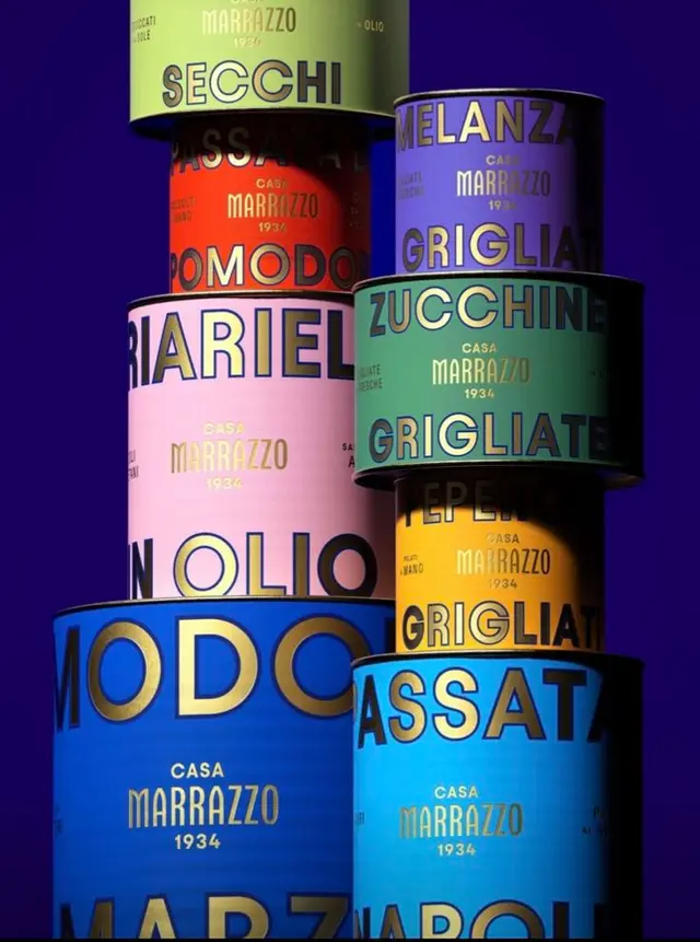 Stacked Italian-style canned goods — Casa Marrazzo labels
