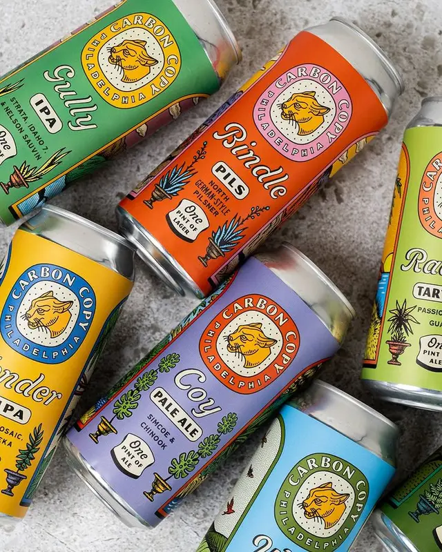 Carbon Copy craft beer cans — Bindle Pils, Coy Pale Ale, Gully IPA (colorful illustrated包装