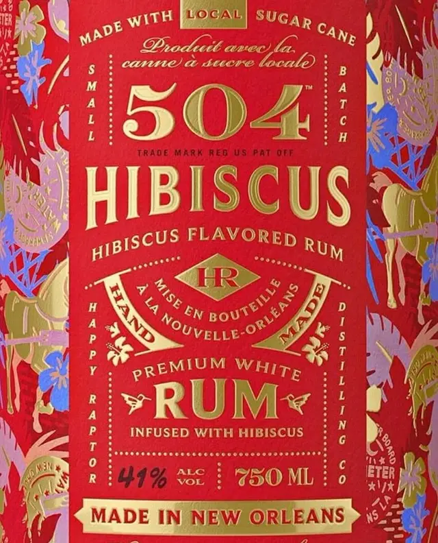 504 Hibiscus — Hibiscus‑Flavored Rum Bottle Label (Made in New Orleans)