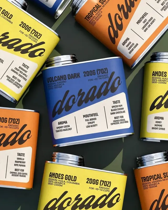 Dorado coffee tins — Volcano Dark, Andes Gold, Tropical Sun 200g packaging