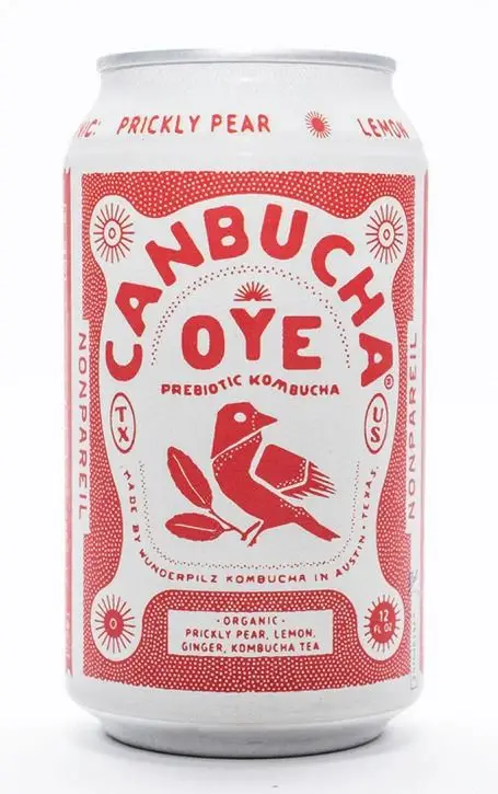 CANBUCHA OYE — red-and-white kombucha can with bird illustration