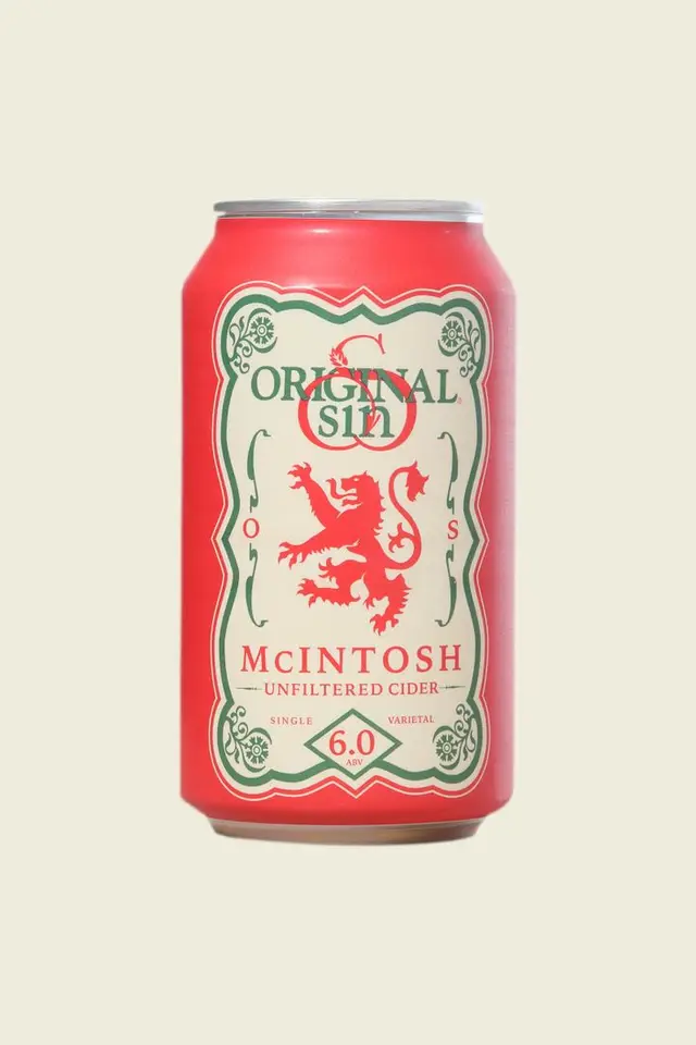 Original Sin McIntosh Unfiltered Cider — red aluminum can with heraldic lion label