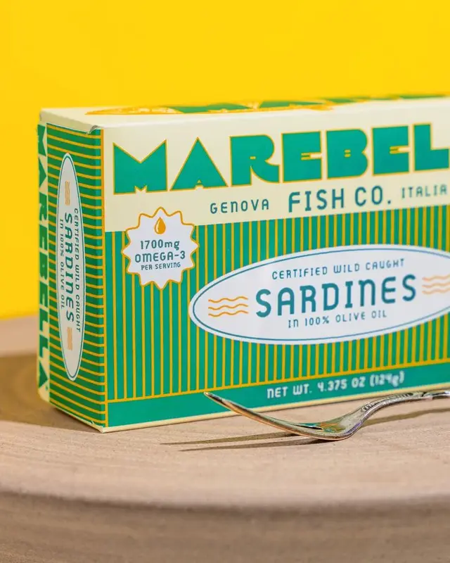 Marebel Genova Fish Co. sardines box — retro green & yellow packaging