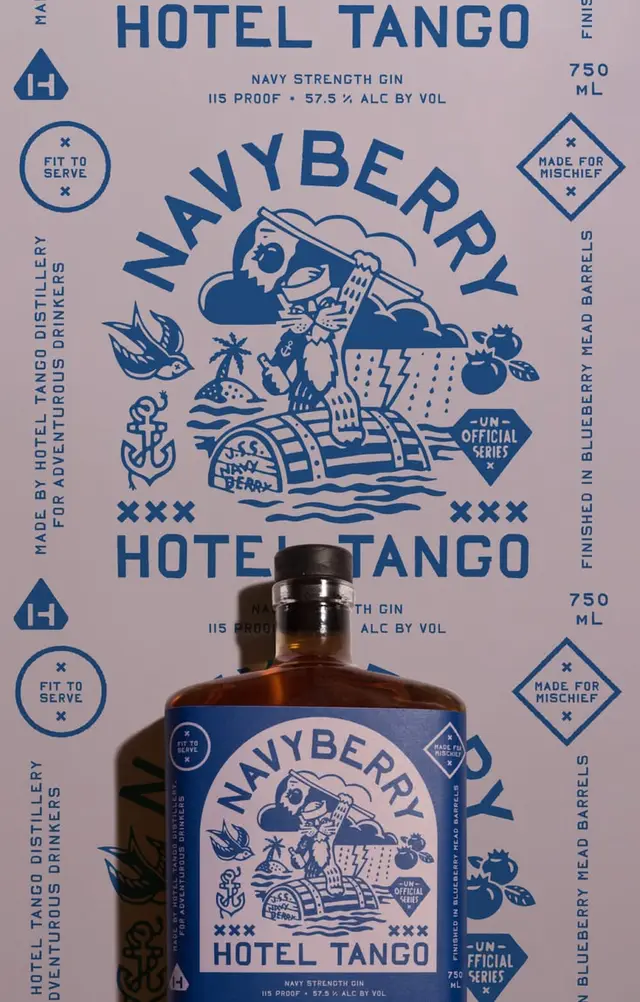 Hotel Tango — Navyberry navy‑strength gin bottle and poster