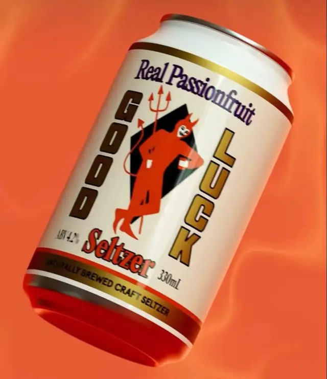 Real Passionfruit 'Good Luck' seltzer can — retro devil mascot label