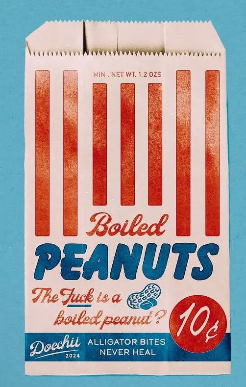 Retro paper snack bag: 'Boiled Peanuts' with red stripes and 10¢ price