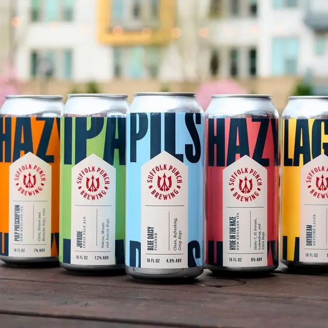 Suffolk Punch Brewing — colorful 16 oz canned beer lineup