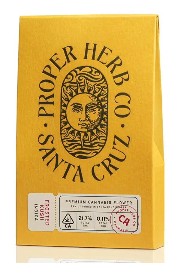 Proper Herb Co. Santa Cruz mustard-yellow cannabis flower box — Frosted Kush (Indica)