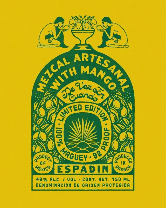 Yellow two-color vintage mezcal label: "Mezcal Artesanal with Mango"