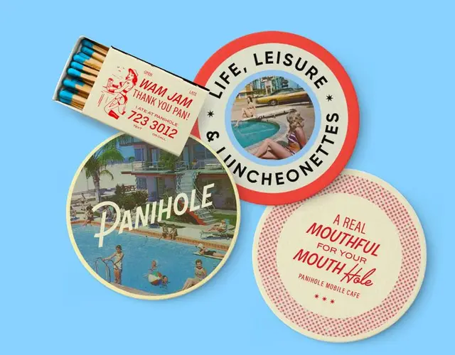Retro poolside coasters and matchbox — PANIHOLE mobile café branding