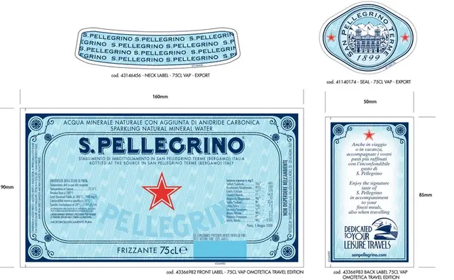 S.Pellegrino 75 cL label sheet — front, back, neck band and seal artwork