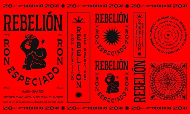 REBELIÓN — red and black spiced-rum label sheet