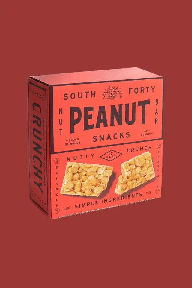 Red 'PEANUT Snacks' Crunch Bar Box — Bold Retro Packaging