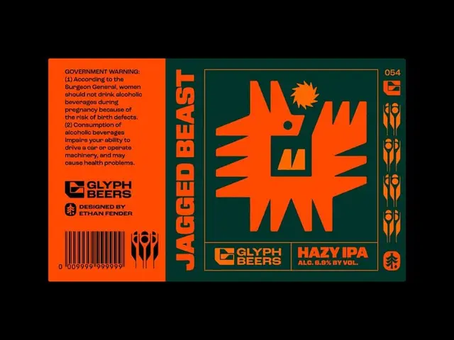 Jagged Beast — Glyph Beers Hazy IPA label (orange & forest green)