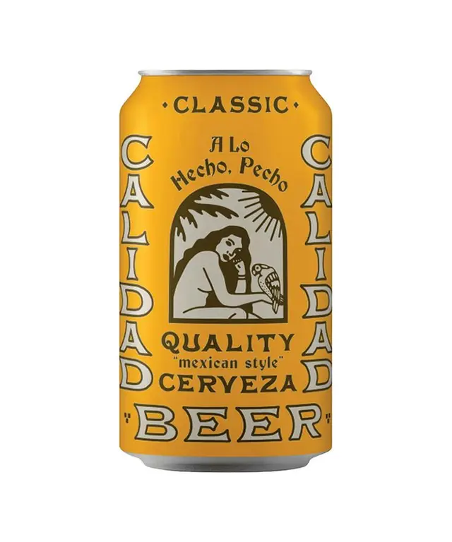 Yellow 'Calidad' Mexican-style beer can — vintage label